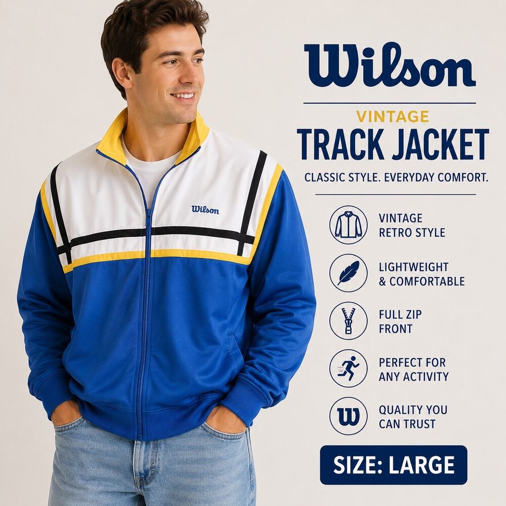 Vintage Wilson Mens Track Jacket Blue White Yellow Colorblock Full Zip Large